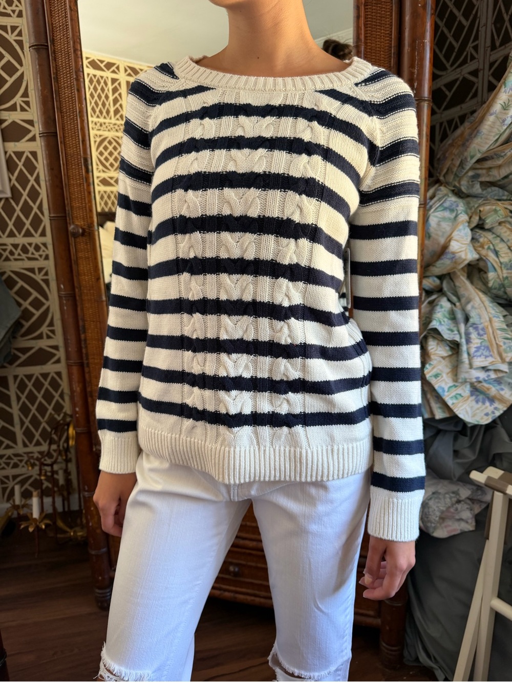 Splendid Navy & White Striped Cable-Knit Crew Sweater